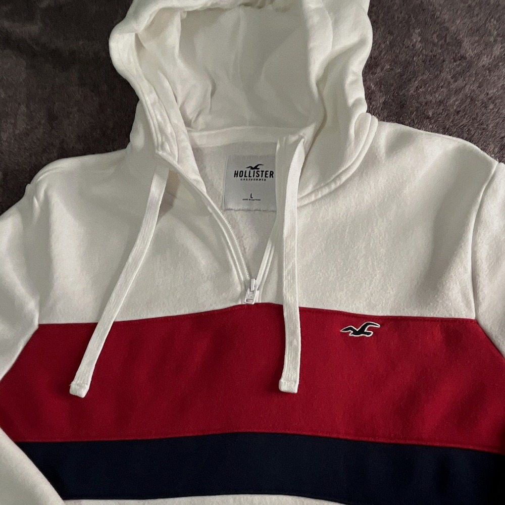 Hollister Mens L Colorblock 1/2 Zip Fleece Pullover Hoodie White Red Blue
